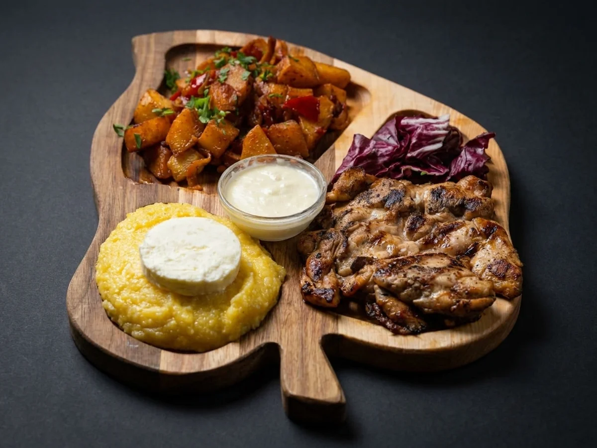 Pastrama de Pui cu Cartofi Taranesti. Branza de Burduf. Mamaliga si Mujdei de Usturoi