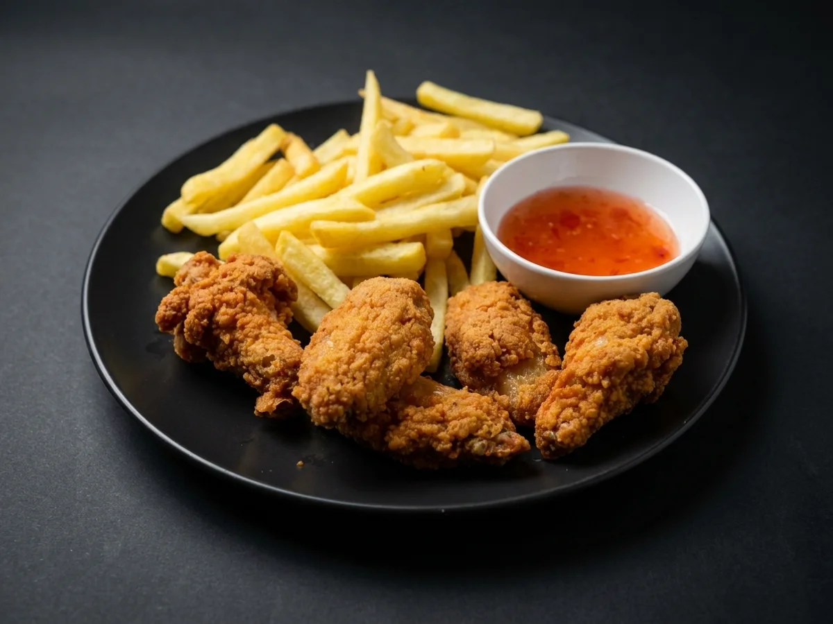 Aripioare de Pui Picante cu Cartofi Wedges si Sos Sweet Chilli